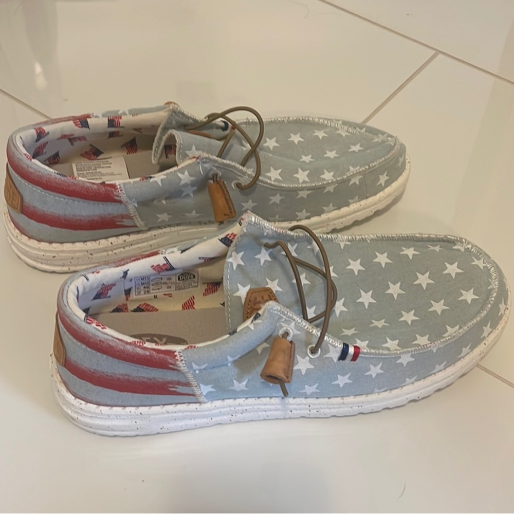 Hey Dude Blue and White Slip-On Sneakers with Star Pattern